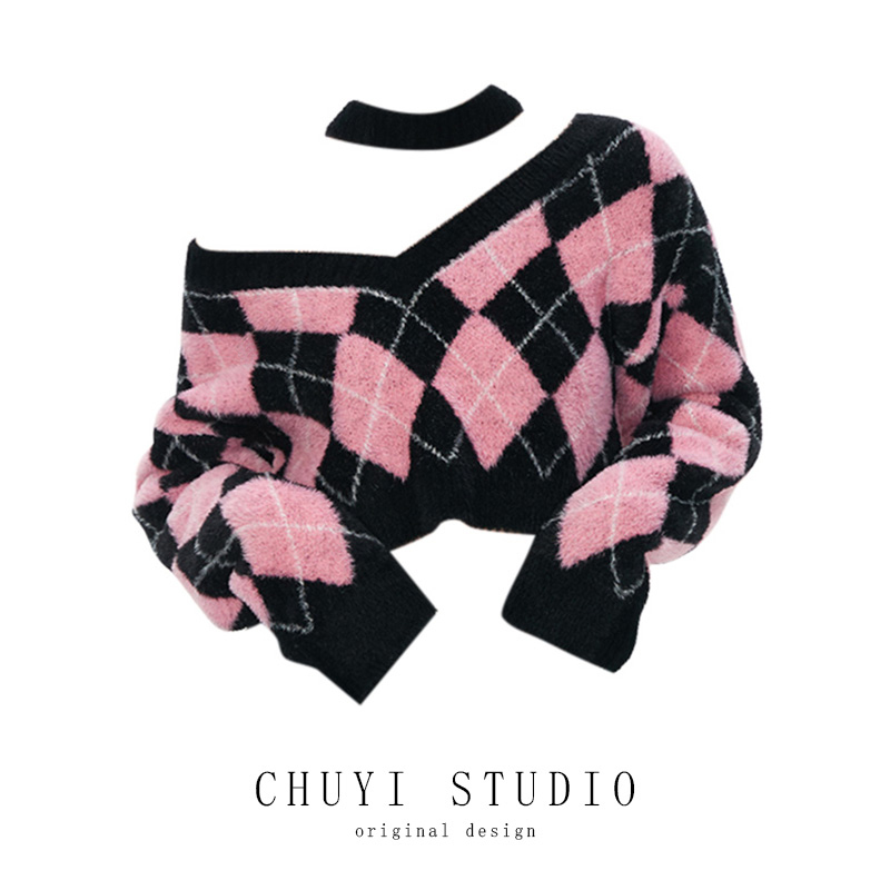 【Off-Season Clearance】College Style Spicy Girl Autumn Outfit Diamond Pattern Color-Blocking V-Neck Short Sweater Women's Autumn Knitwear