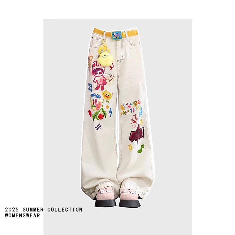 American High Street Graffiti White Wide-Leg Pants for Women, Summer Dopamine Cartoon Hand-Painted Print Loose Straight-Leg Jeans