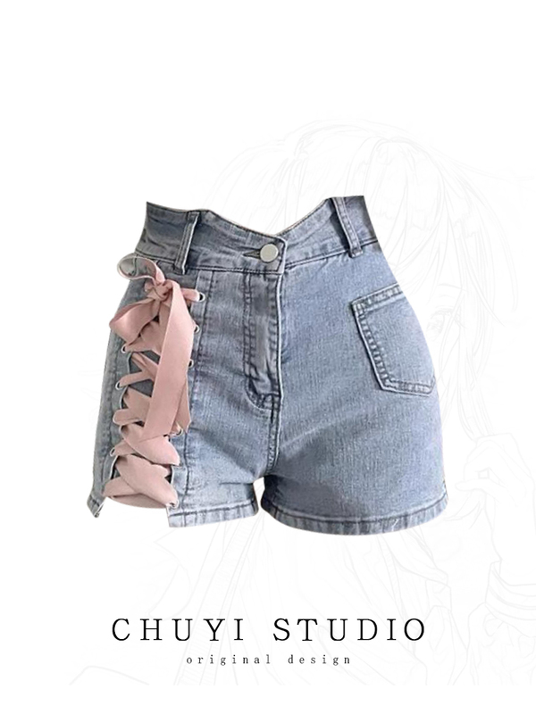 Clearance Flash Sale~ Brand Discount Counter Withdraws Pink Lace-Up Decorated Denim Shorts for Women, High-Waisted, Slimming, A-Line Clearance Flash Sale~ Brand Discount Counter Withdraws Pink Lace-Up Decorated Denim Shorts for Women, High-Waisted, Slimming, A-Line