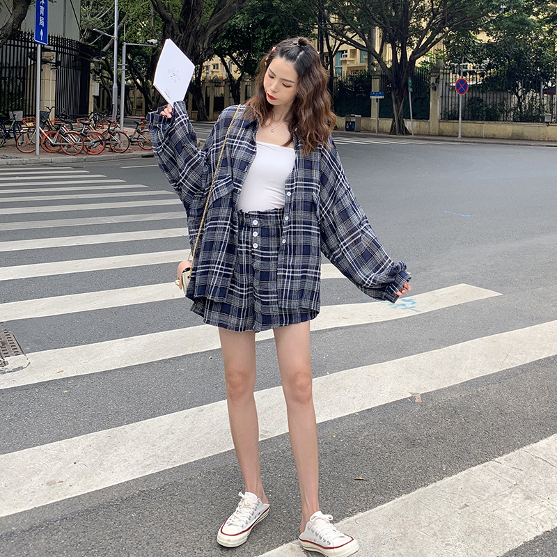 VK旗艦店 韓國風燈籠袖格紋襯衫套裝長袖褲裝