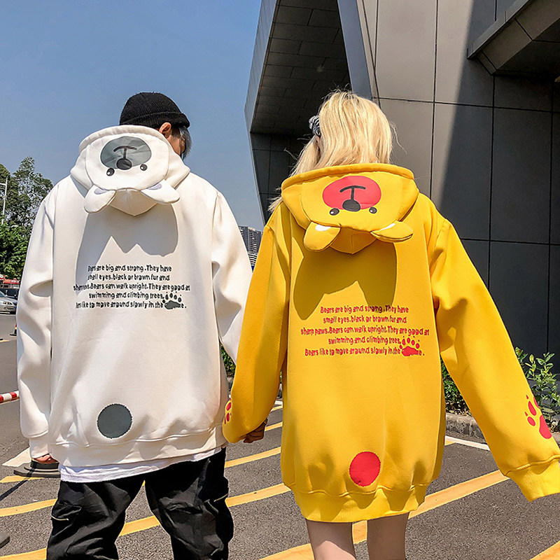 Lovers' clothing autumn and winter style cuddly small bear ears plus suede thickened with cap sports shirt male and female Tide Cards Loose version jacket