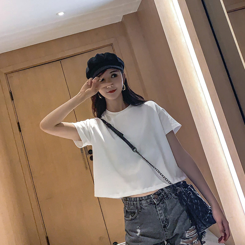 2022 summer new half turtleneck pure cotton ins tide exposed navel loose short-sleeved t-shirt women's short leaking navel top clothes