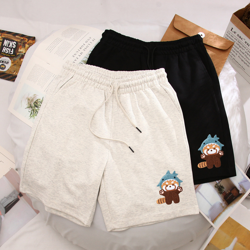 [300g Thick Pure Cotton] American-Style Sports Casual Loose Embroidered Dolphin Panda Shorts, Five-Point Shorts for Men and Women