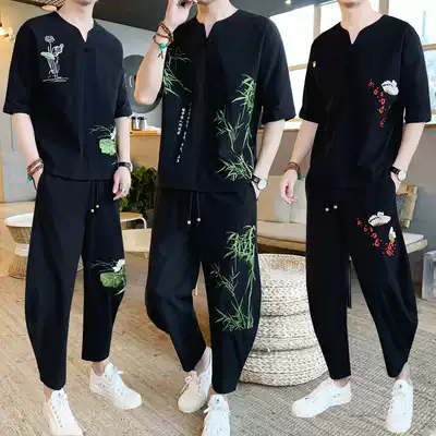 Linen short sleeve suit men's summer Chinese style embroidery V-neck T-shirt men's large size print casual Hanfu two-piece set