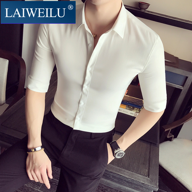 High-end brand white shirt men's three-quarter sleeves thin section solid color short-sleeved shirt men's trendy work clothes - Taobao