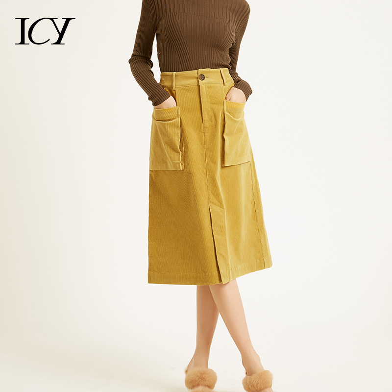 icy winter new design sense pocket skirt retro high waist skirt women's solid color A-line skirt mid skirt