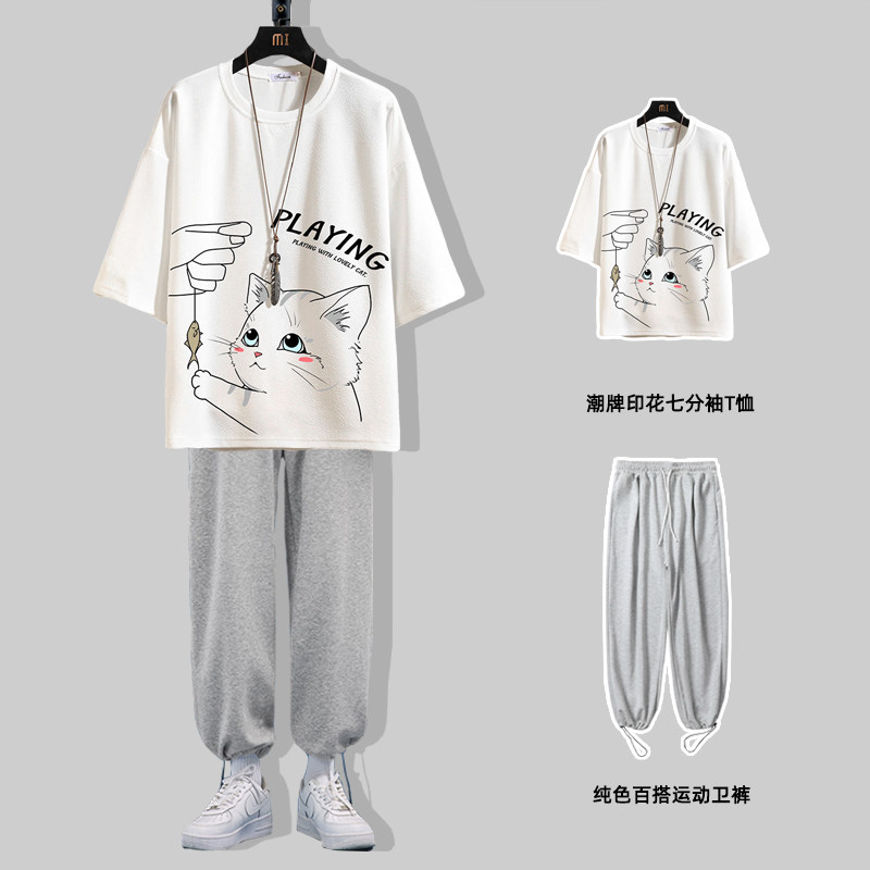 Summer 70% sleeve t-shirt male boomer loose short sleeve boy clothes ruffling handsome men's outfit set with a handsome suit