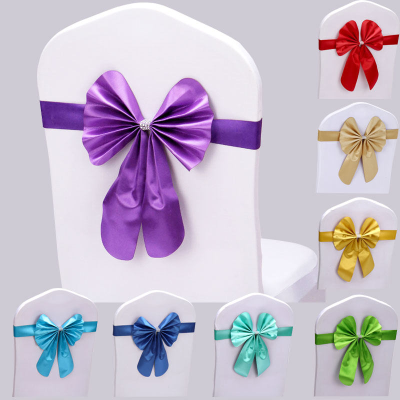 New wedding decoration free leather chair back bow hotel chair strap elastic chair back flower