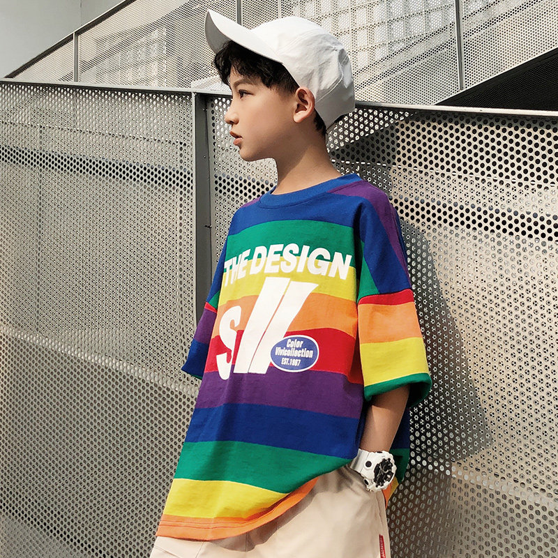 Boy T-shirt children short sleeves 2020 Summer new rainbow striped foreign blouses CUHK Scout children's clothing