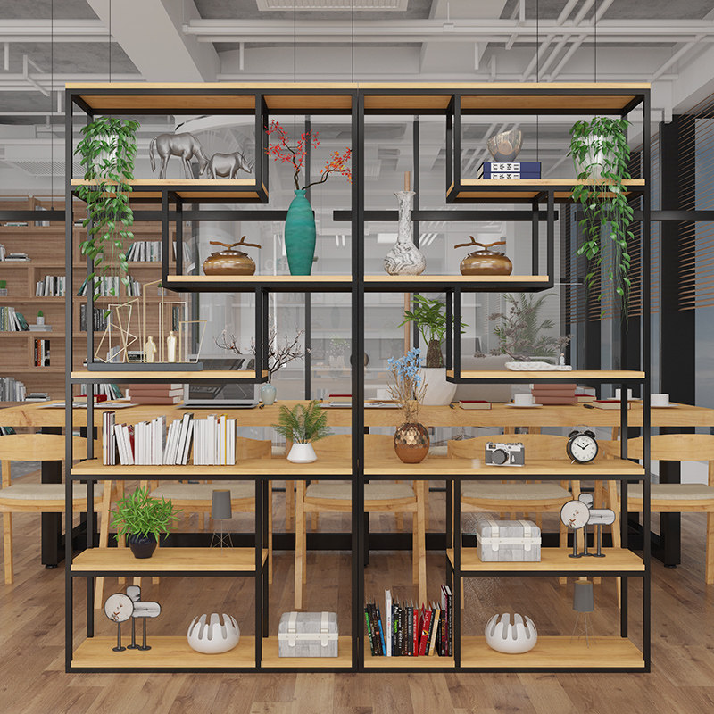 Iron Art Partition Shelve Real Wood Office Bookshelves American Industrial Wind Living Room Floor Creative Decoration Containing Deck Shelf