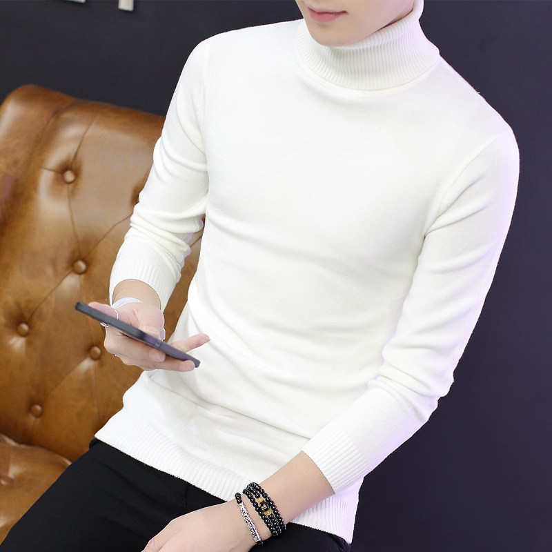 Fall and Winter White Tall-collar Sweater Men's Korean Edition Line Clothes Pure Color and Thick Knitted Blade Clothes