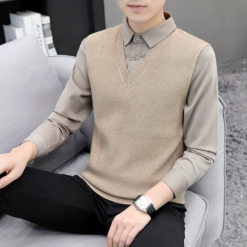Комплект, мужской свитер для отдыха, приталенная трикотажная демисезонная утепленный лонгслив, универсальная рубашка, увеличенная толщина