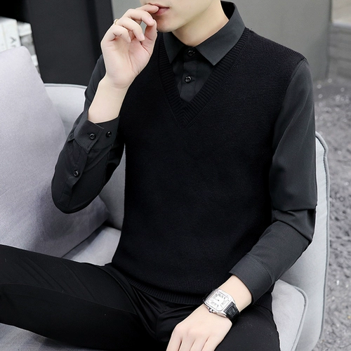 Комплект, мужской свитер для отдыха, приталенная трикотажная демисезонная утепленный лонгслив, универсальная рубашка, увеличенная толщина