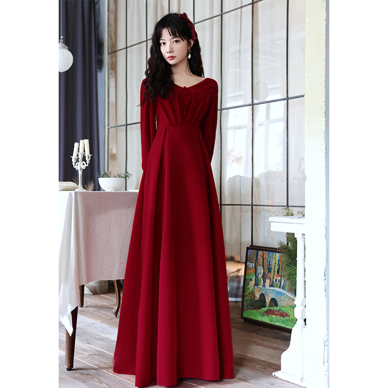 Retro High-Waisted Toast Dress for Women, Burgundy 2026 New Style, French Long-Sleeved Plus Size Fat mm Wedding Banquet Maternity Dress