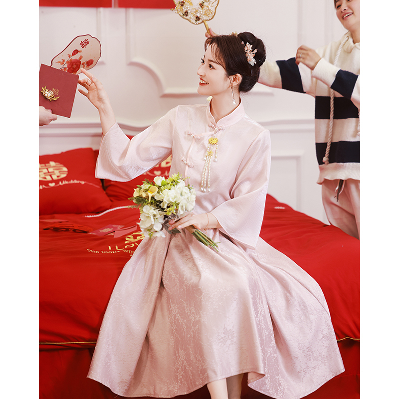 Pink Engagement Cheongsam Set, Toast Dress, Bride, Pregnant Woman, Chinese Style, Petite, Wedding Homecoming Dress, Plus Size, Slimming