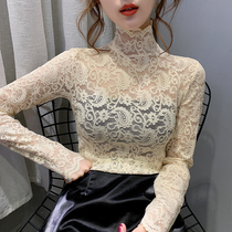 Fashion hollow white high collar mesh lace base shirt female spring summer slim sexy long sleeve top foreign style