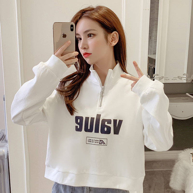 Short stand-up collar sweatshirt women's spring and autumn thin new half-high-neck hoodless Korean-style pullover loose half-zip top