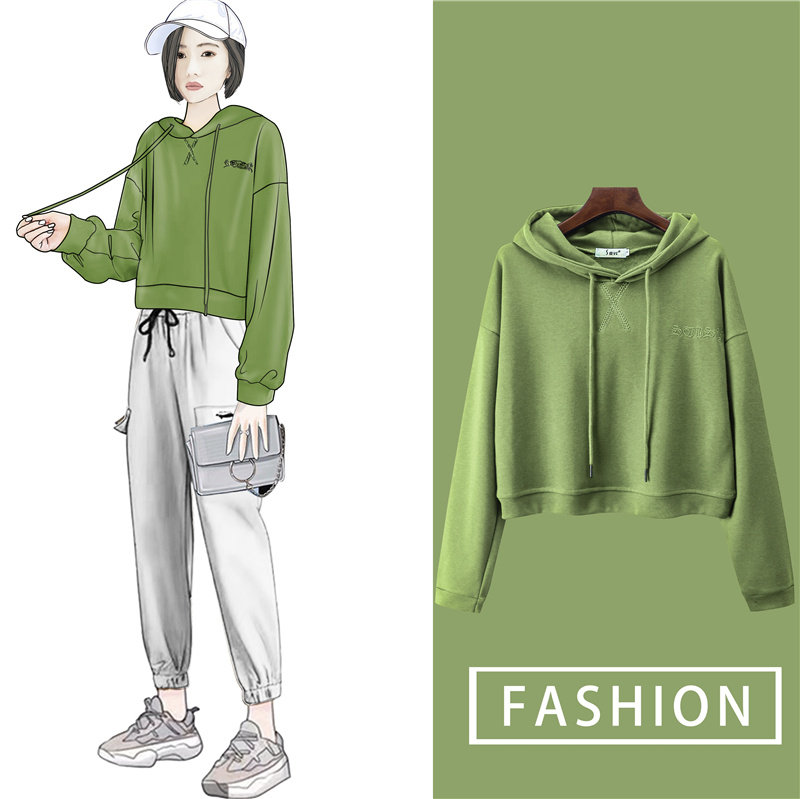 Green short sweater female hooded spring and autumn 2021 New Korean pullover long sleeve loose top ins tide