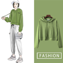 Green short sweater female hooded spring and autumn 2021 New Korean pullover long sleeve loose top ins tide