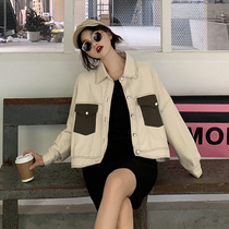 Early autumn vintage Hong Kong flavor short denim coat women tide ins Korean loose bf versatile long sleeve beige top