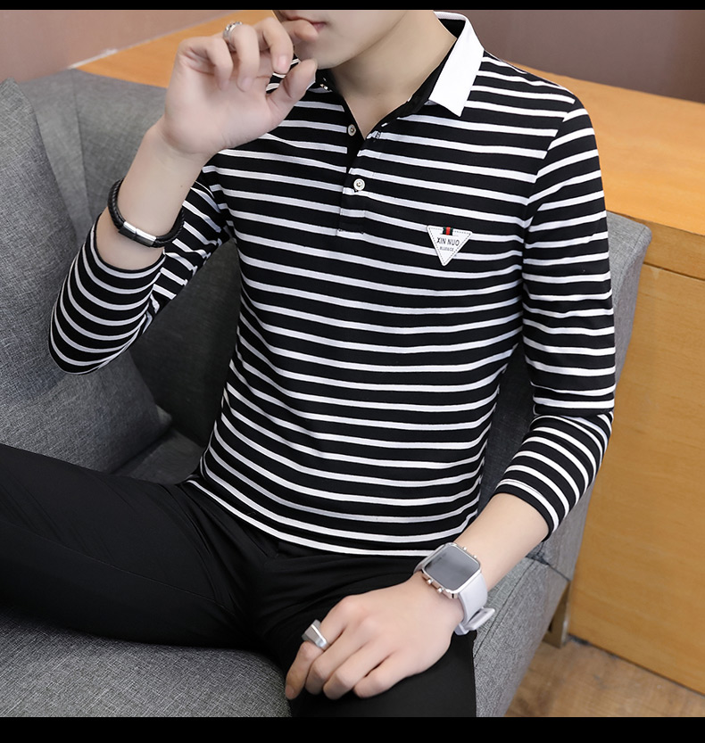 Mùa thu nam Áo thun dài tay Áo nhỏ sọc sọc áo sơ mi nam Slim Slim Xu hướng áo sơ mi cổ áo sơ mi nam mặc áo polo đẹp