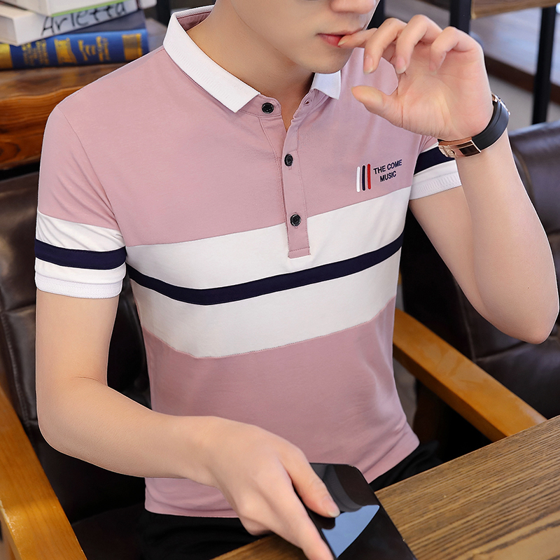 Khâu sụp đổ màu mùa hè mới bông ve áo ngắn tay áo thun nam Polo shirt lỏng thường đầu triều