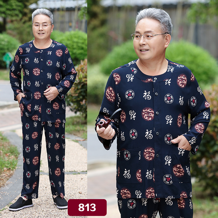 Người đàn ông trung niên của cotton lụa mùa hè cha ông nội dài tay quần cardigan cotton lụa chần đồ ngủ bộ đồ lót nam cao cấp