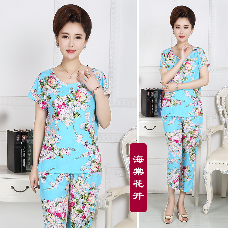 Trung và cũ tuổi cotton và bông lụa ngắn tay dịch vụ nhà có thể được đeo bên ngoài hai bộ của mẹ cotton lụa đồ ngủ của phụ nữ phù hợp với