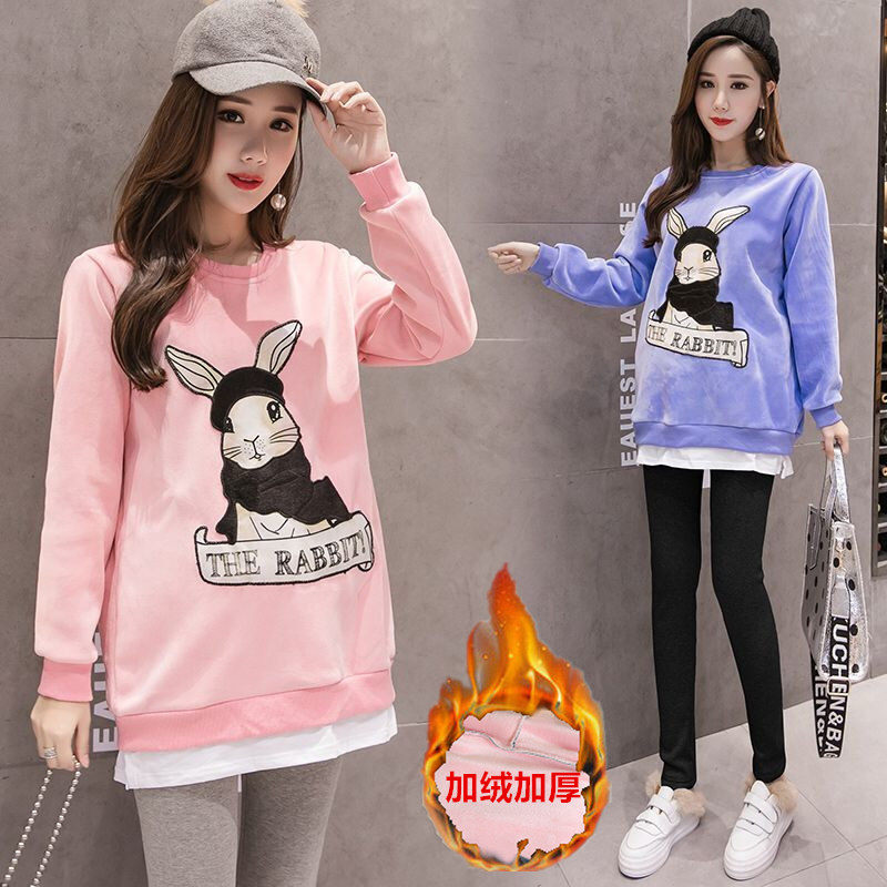 Pregnant women's autumn and winter clothing suit net red fashion velvet thickened top sweater women's 2019 autumn and winter base shirt