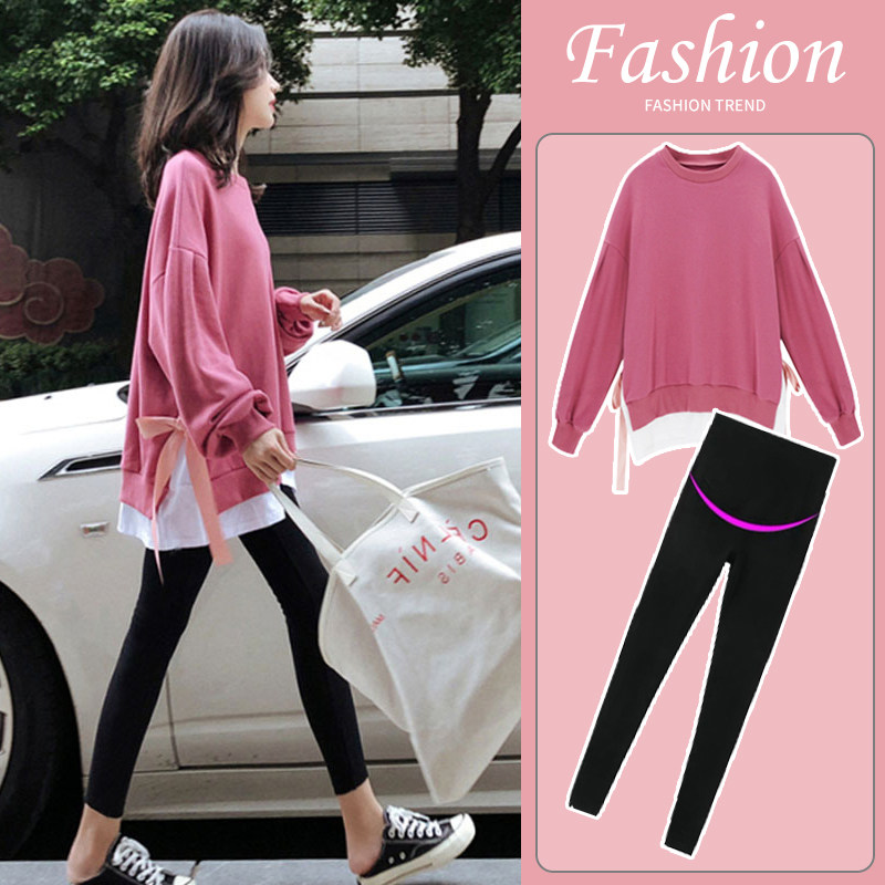 Pregnant women's spring clothing online red suit 2022 Fall Fashion new blouses T-shirt Spring and autumn clothing and women's two sets