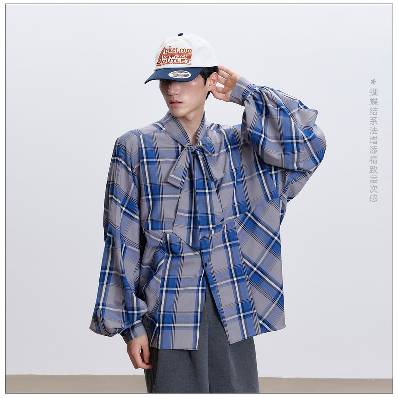 Moult | Retro Plaid Ribbon Shirt Men's Stand-Up Collar Bow Tie Long-Sleeved Top Casual Niche Blended Shirt