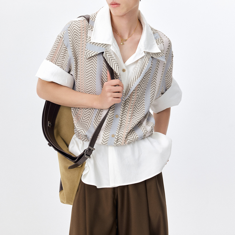 Projection Screen | Relaxed Office Cuban Collar Fake Two-Piece Shirt Striped Commuting Layered Shirt