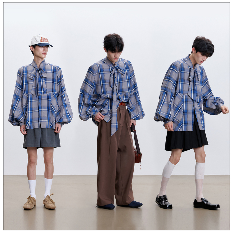 Moult | Retro Plaid Ribbon Shirt Men's Stand-Up Collar Bow Tie Long-Sleeved Top Casual Niche Blended Shirt Moult | Retro Plaid Ribbon Shirt Men's Stand-Up Collar Bow Tie Long-Sleeved Top Casual Niche Blended Shirt