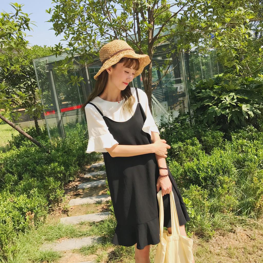 雪纺连衣裙女套装裙夏季裙子2017新款学生韩版吊带裙鱼尾裙两件套