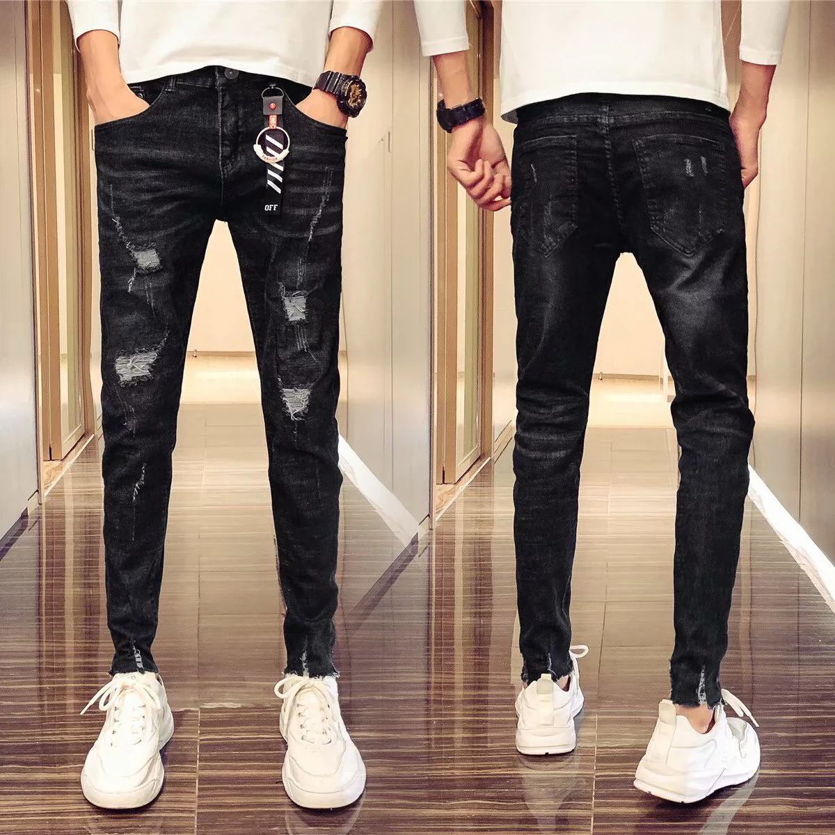 Quần jeans rách nam phiên bản Hàn Quốc của xu hướng quần lửng chân nhỏ quần nam trẻ trung co giãn thon dài quần dài - Quần jean