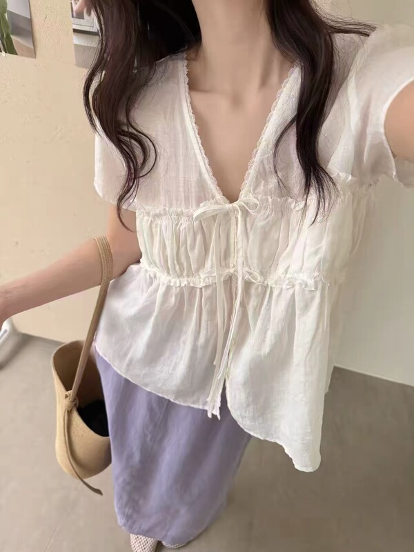 9779/“Angel Aimeili” Is Stunning~100% Ramie V-Neck Tie-Up Blouse 6.4