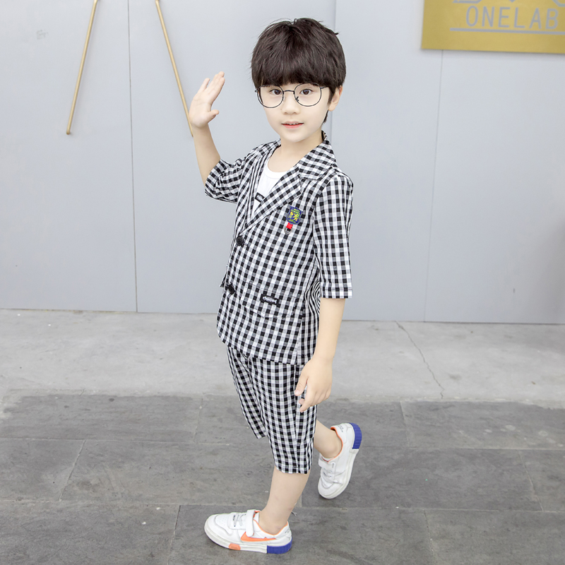Boys suit summer British small suit casual short-sleeved boy plaid vest three-piece Korean dress suit