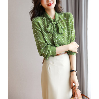 Foreign trade export big brand cut label surplus single tail European goods green polka dot shirt collar tie long-sleeved chiffon shirt top women