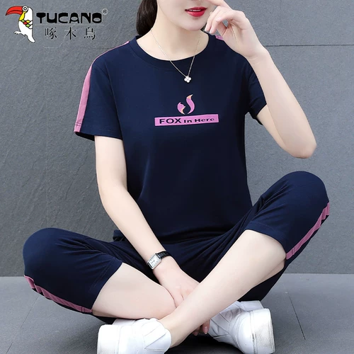Форма для матери для отдыха, спортивный костюм, хлопковая летняя одежда, штаны, комплект, 2023, короткий рукав, 40 лет