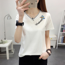 2021 summer new womens fashion v collar embroidered short sleeve t-shirt womens cotton clothes Han fan half sleeve body shirt tide