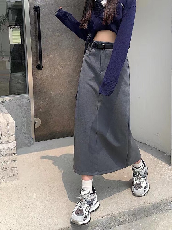 XS Belt Gray Midi Skirt for Women, Preppy Style, Mid-Length, Back Slit, Drapey Straight Skirt, Slimming A-Line Skirt, Long Skirt