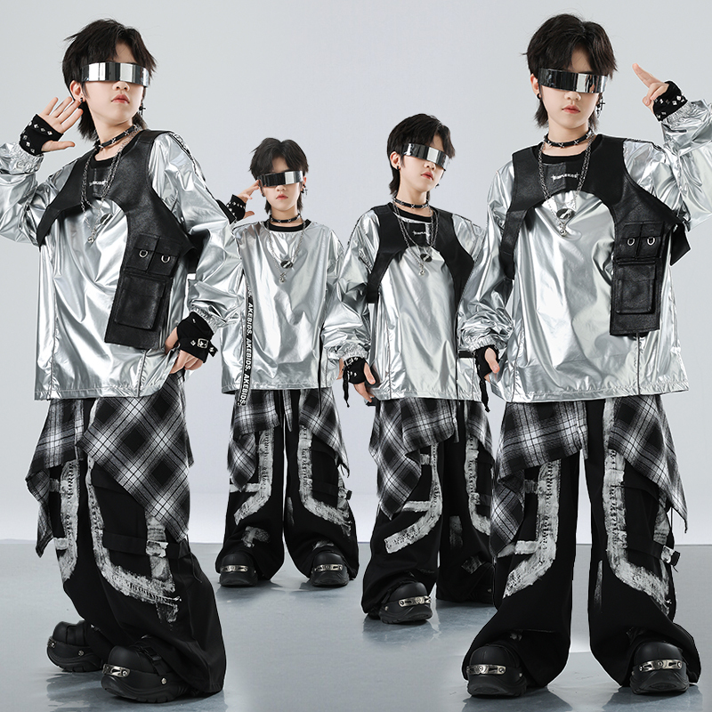 Children's Silver Tech-Style Street Dance Performance Outfit, Kids' Hip-Hop Clothing, Boys' Hip-Hop Vest Three-Piece Set