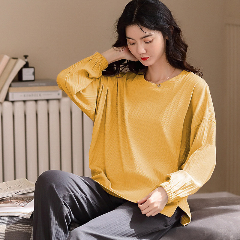 Pajamas women's long-sleeved cotton 2021 autumn solid color sweet and loose large size cotton can be worn outside the home clothes suit
