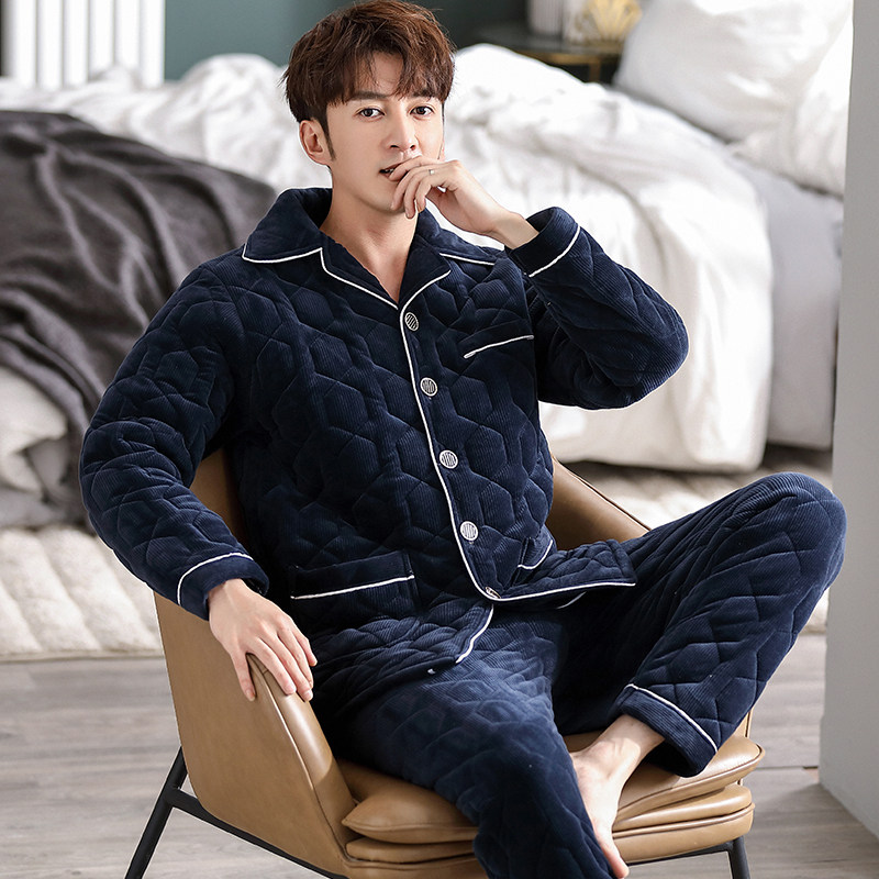 Pajamas men winter solid color coral velvet three-layer thickened cotton cotton youth warm flannel middle-aged and elderly homewear set