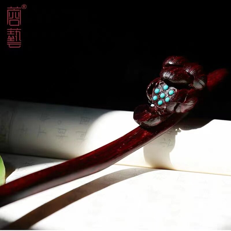 Indian small leaf purple sandalwood inlaid green pine stone upscale hairpin woman hair accessories disc hair birthday present send girlfriend wood hairpin