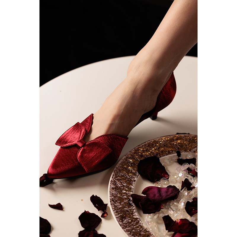 【Chun】Red Rose and Black Rose / Retro Bow Pointed Toe Hollow Stiletto High Heels Party Shoes Wedding Shoes