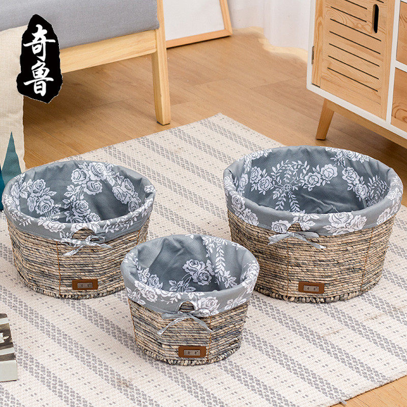 Chiru rattan woven storage box tabletop fabric basket straw woven snack basket weaving storage box round cat nest finishing basket