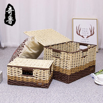 Qilu grass weaving storage box desktop rattan storage box Book finishing box with lid underwear snack woven basket New