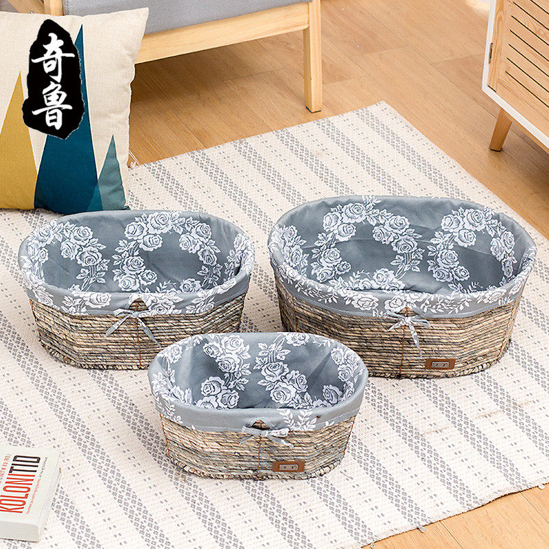 Chilu rattan desktop storage basket snack box clothes finishing basket straw weaving hand-woven box storage box cat and dog den