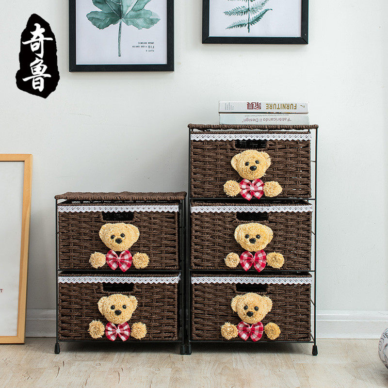 Bear bedside table environmental protection cabinet hand-woven storage basket rattan basket locker dormitory bedroom bedside cabinet new product